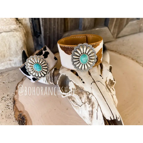 Cowhide Concho Bracelets Hair On Cowhide Genuine Leather Brown Grey Speckle - Picture 5 of 11